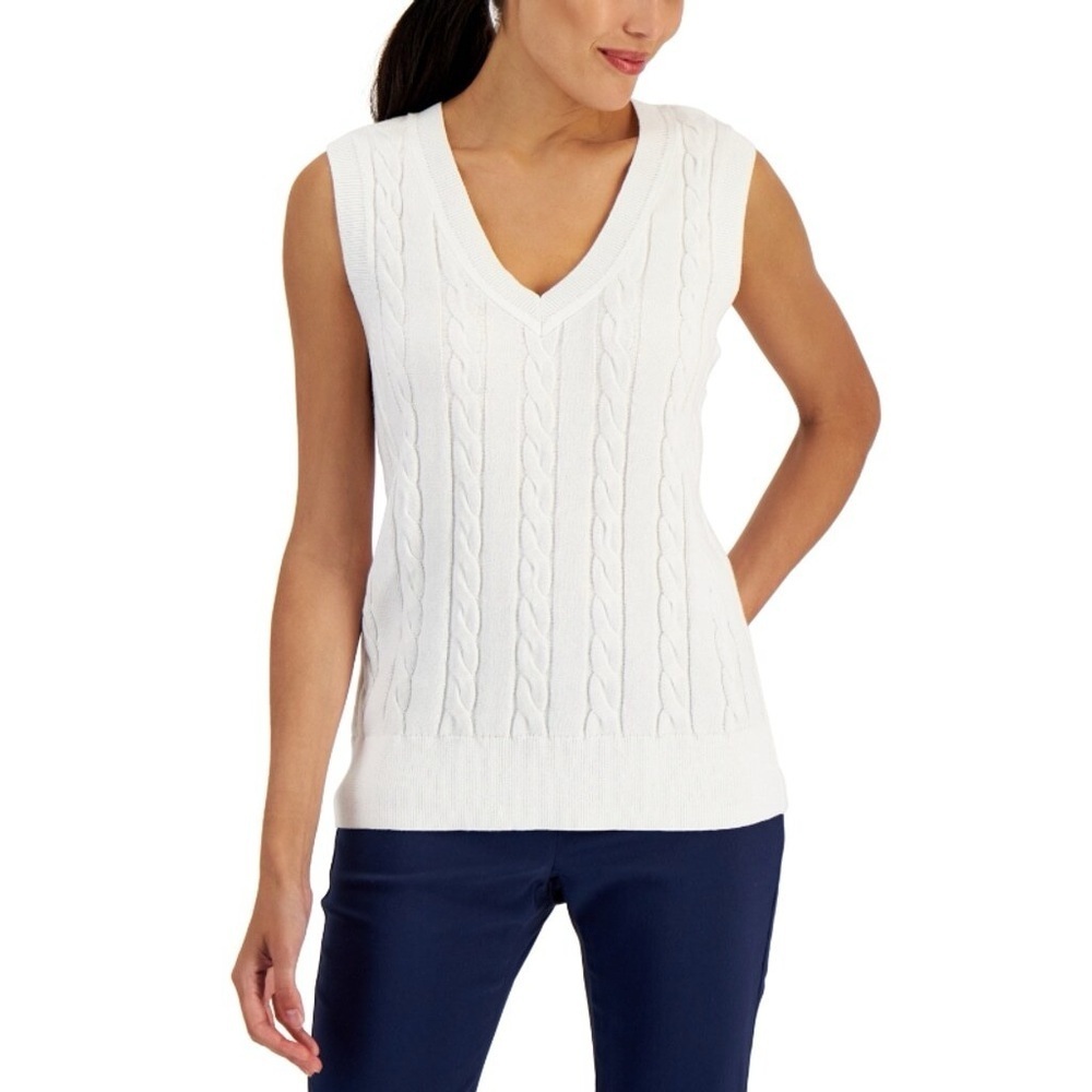 Karen Scott Women's Cotton Cable-Knit V-Neck Vest XL Coastal Classic Timeless